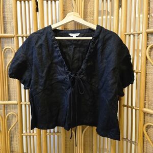 Banana Republic Black Linen Tie Front V neck Puff Sleeve Blouse